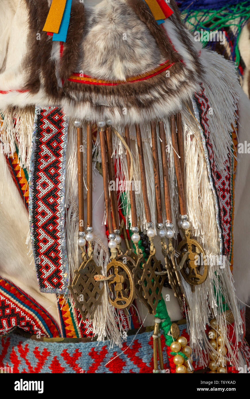 Russia, Yamal-Nenets Autonomous Region, Yamal peninsula. Traditional Russian high Arctic reindeer attire. Stock Photo