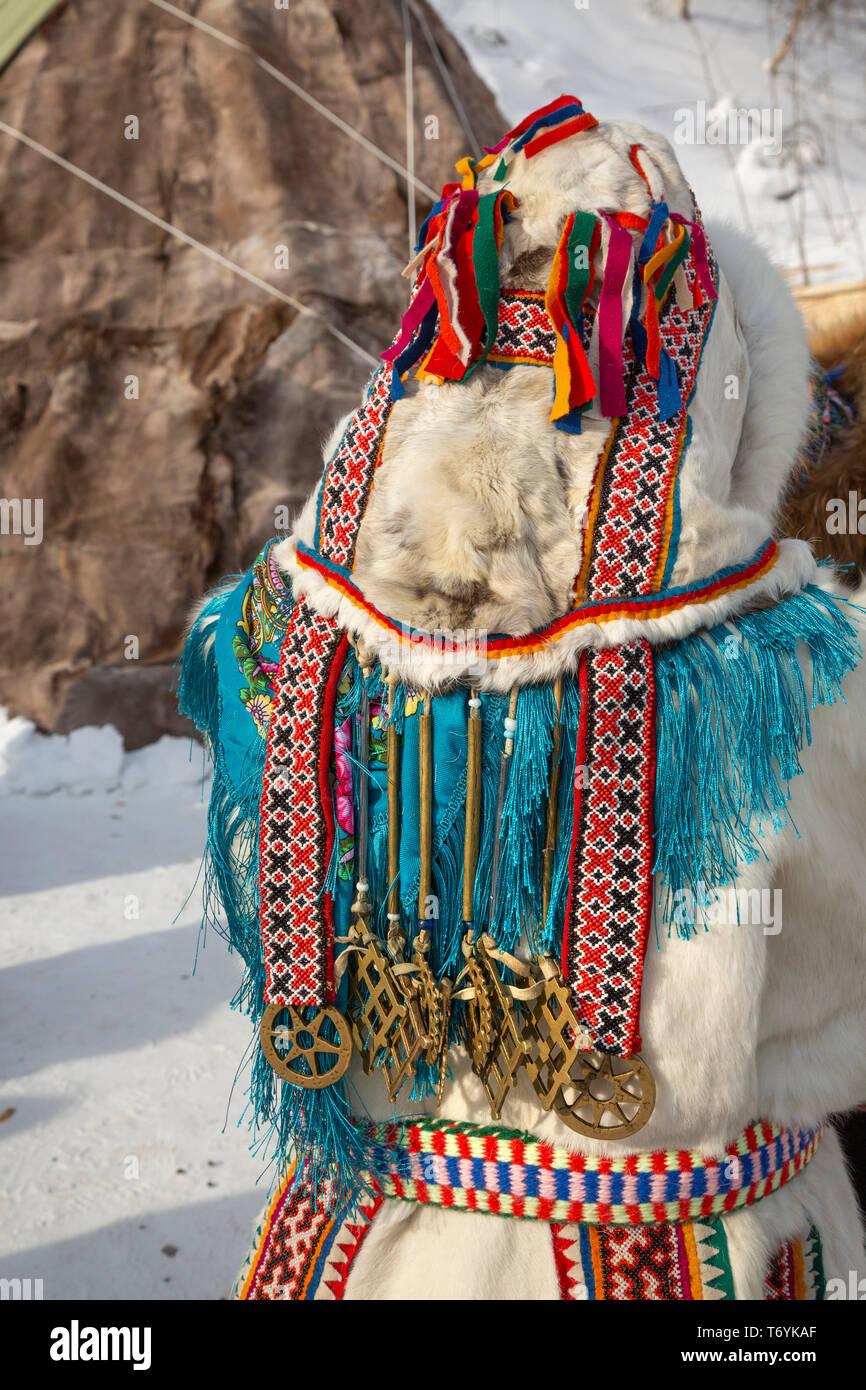 Russia, Yamal-Nenets Autonomous Region, Yamal peninsula. Traditional Russian high Arctic reindeer attire. Stock Photo