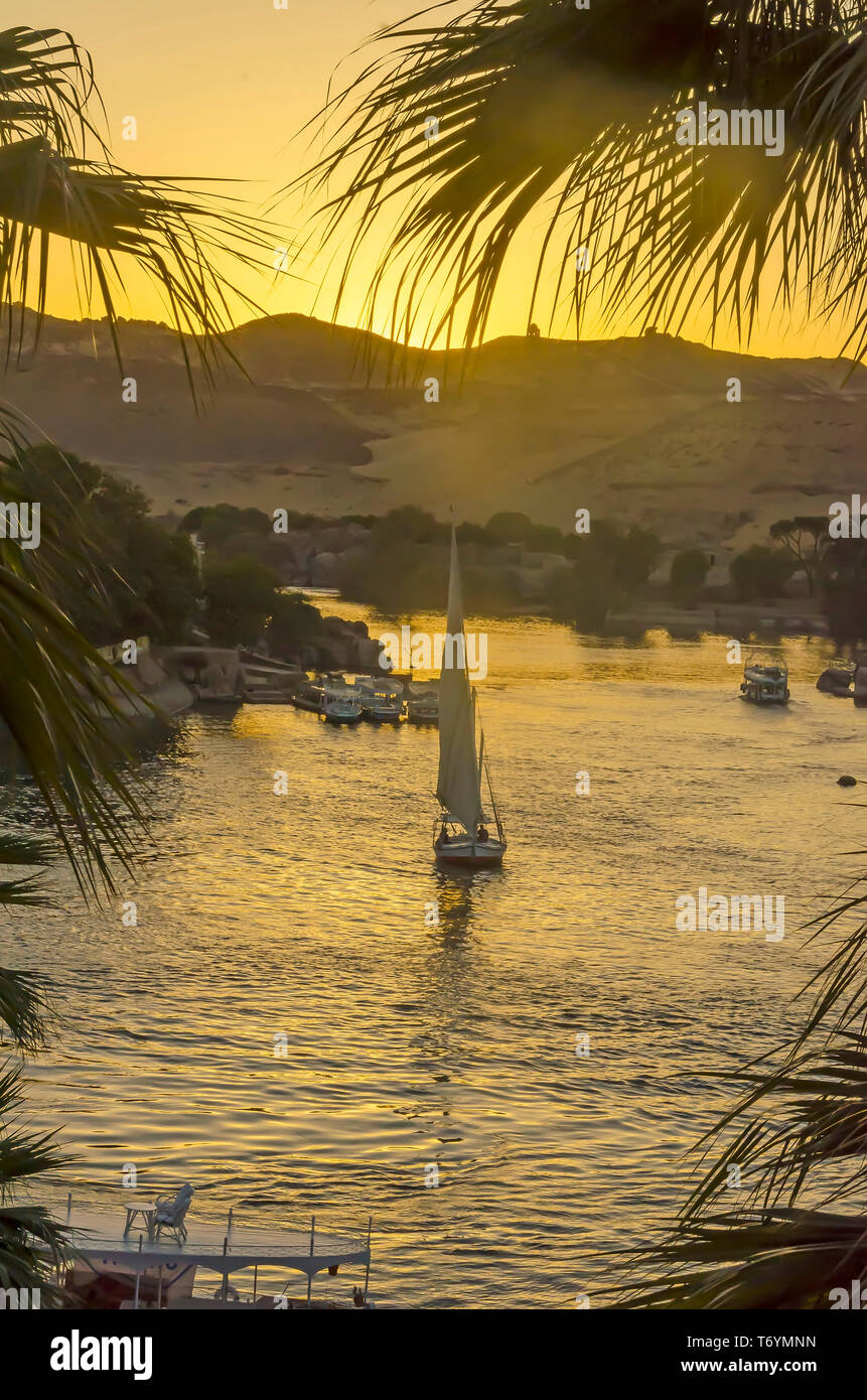 Nile Sunset Felucca Sailing Vessel Silhouette Stock Photo