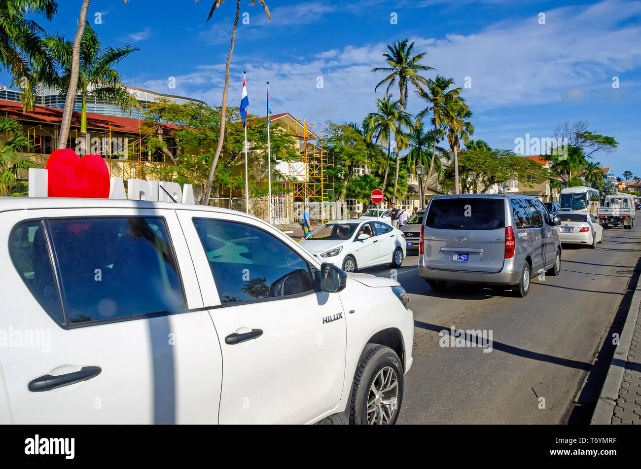 Aruba Oranjestad traffic congestion with line of cars Stock Photo