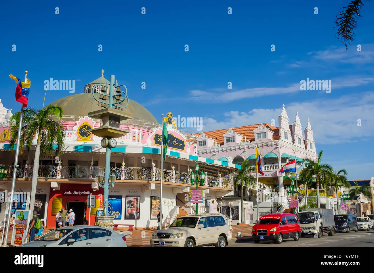 Pink buildings of Royal Plaza Mall on L.G. Smith Blvd.,  Oranjestad, Aruba Stock Photo
