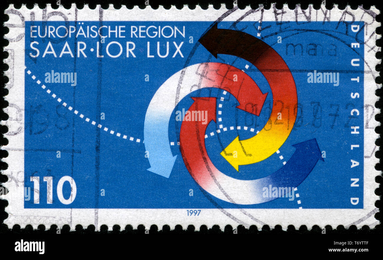 Postage stamp from the Federal Republic of Germany in the Saar-Lor-Lux European Region series issued in 1997 Stock Photo