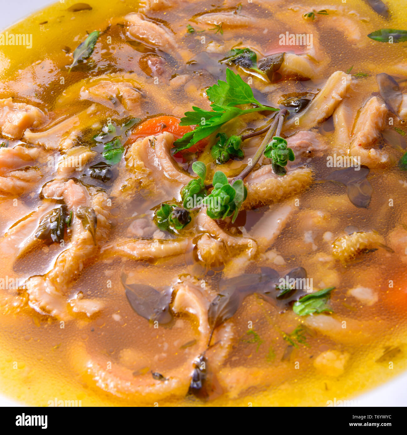 traditional tripe soup in polish style with beef and vegetables Stock Photo