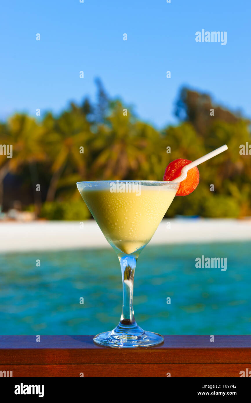Fruit cocktail on Maldives beach Stock Photo