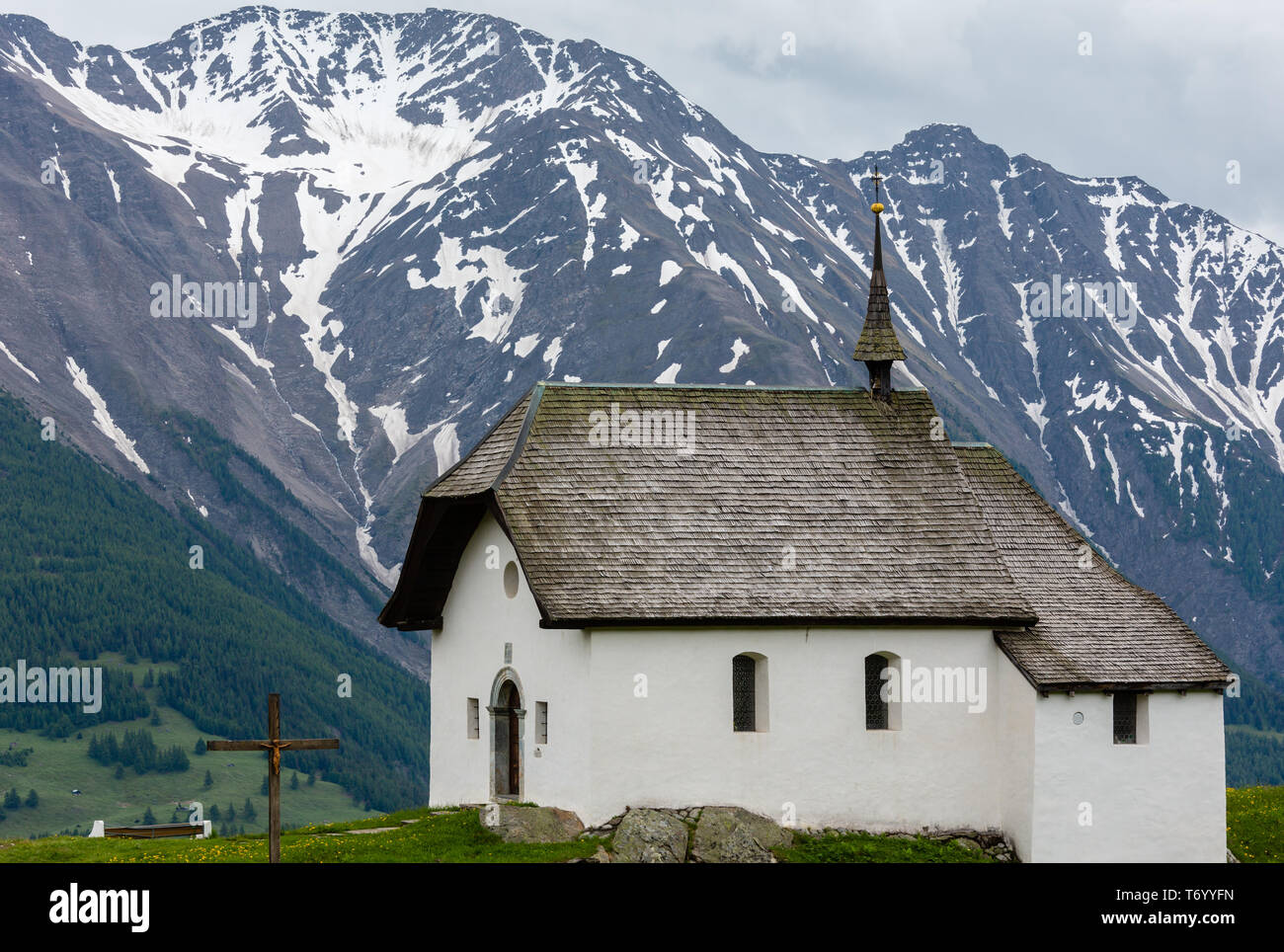 Small Church in Bettmeralp, Alps, Switzerland Stock Photo