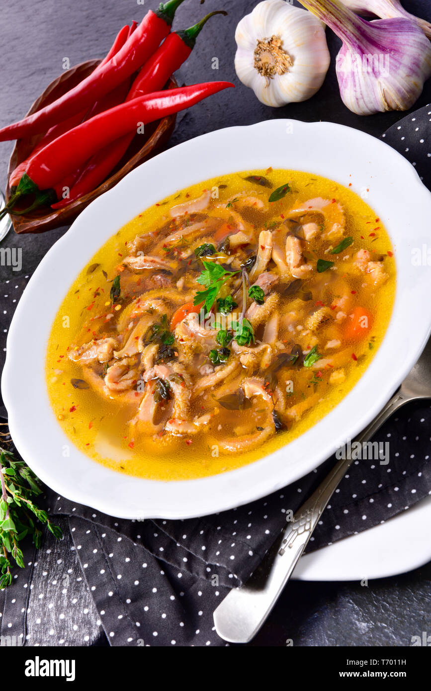 Traditional tripe soup in polish style with beef and vegetables Stock
