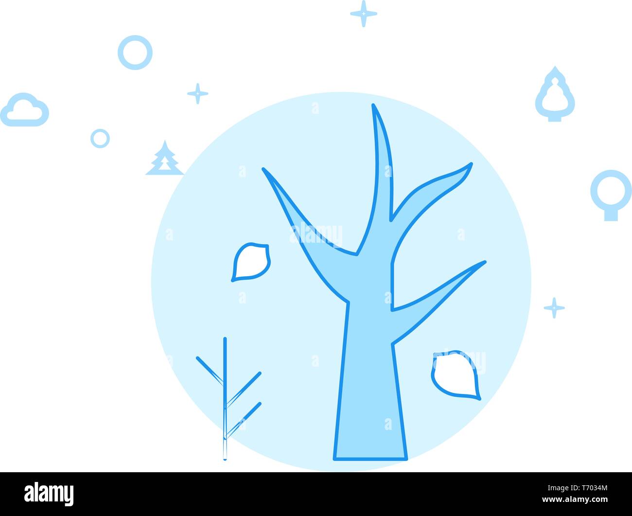 Dry Tree with Fallen Leaves, Autumn Flat Vector Icon. Wild Tree Illustration. Light Flat Style. Blue Monochrome Design. Editable Stroke. Adjust Line W Stock Vector