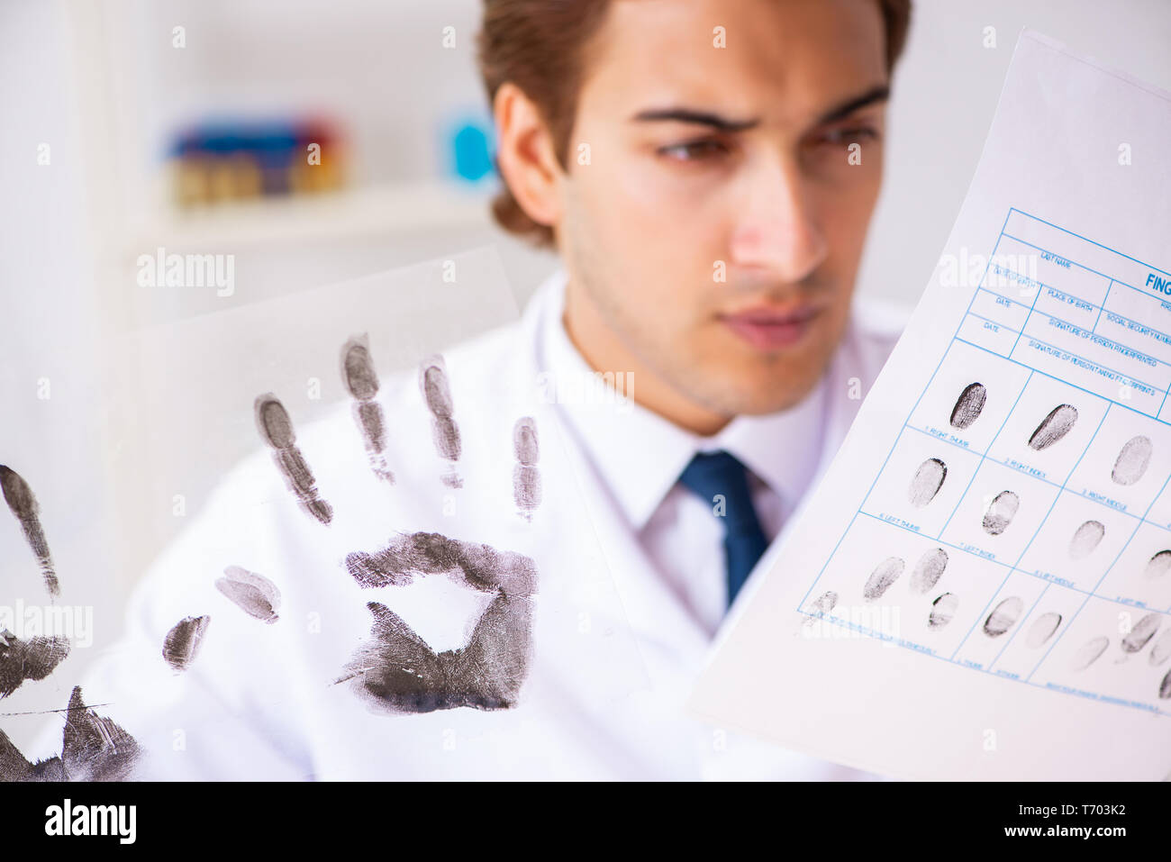 Forensic expert studying fingerprints in the lab Stock Photo Alamy