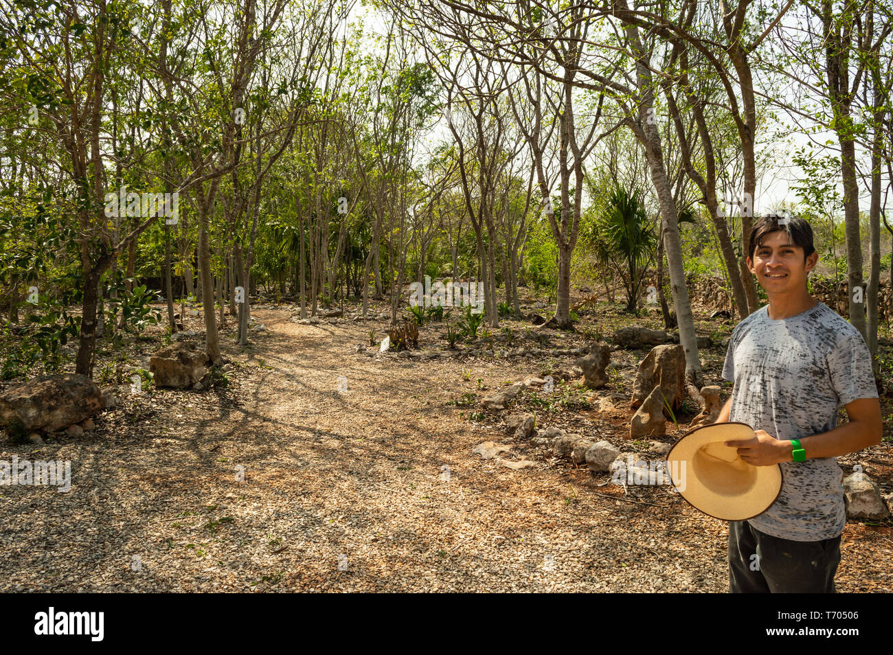 Tour guide showing the traditional Mayan herbal medicine gardens at the Becal museum in Campeche, Mexico. Stock Photo