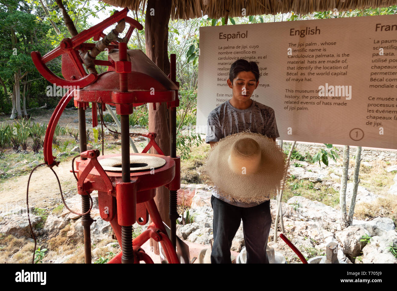 Tour guide at the Becal hat museum teaches visitors how Panama hats are made using the traditional machinery.  Campeche, Mexico. Stock Photo