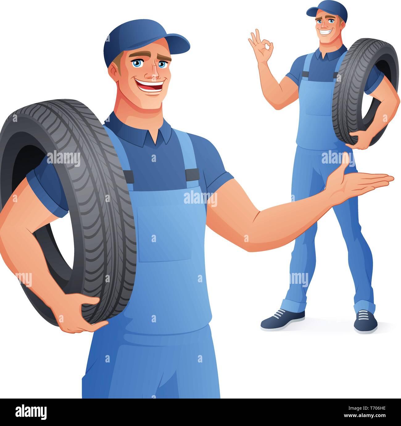 Auto mechanic car service man holding tire. Vector illustration Stock  Vector Image & Art - Alamy