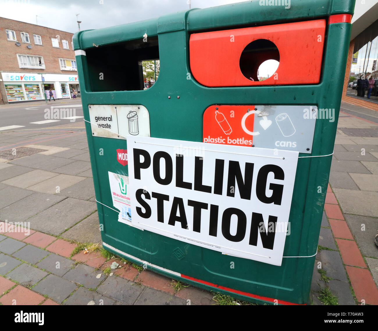 A refuse bin with a sign of polling seen next to the Community Museum in Elstree during UK Local Elections. Stock Photo