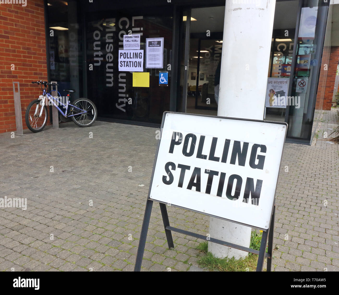 Polling signs seen at a Community Museum in Elstree used as a Polling Stations during UK Local Elections. Stock Photo