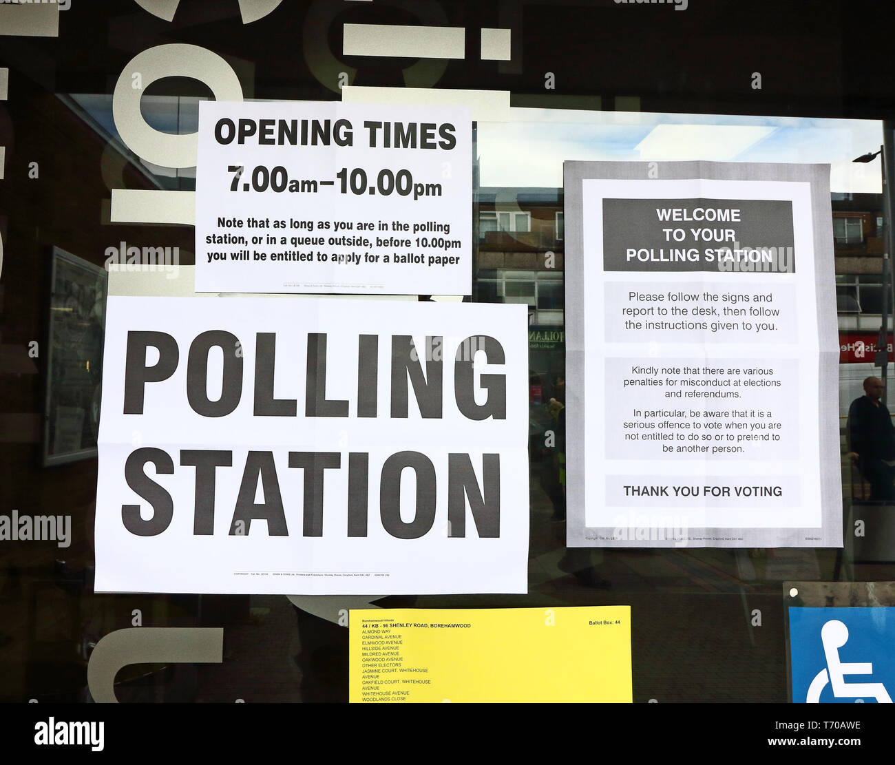 Polling signs seen at a Community Museum in Elstree used as a Polling Stations during UK Local Elections. Stock Photo