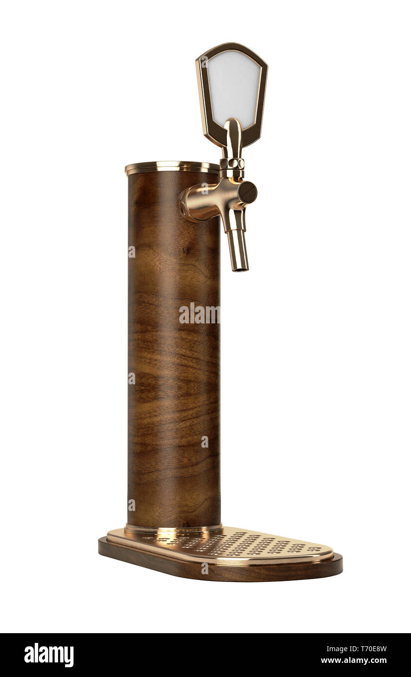 A concept wooden draught beer tap with brass fittings on an isolated white background - 3D render Stock Photo
