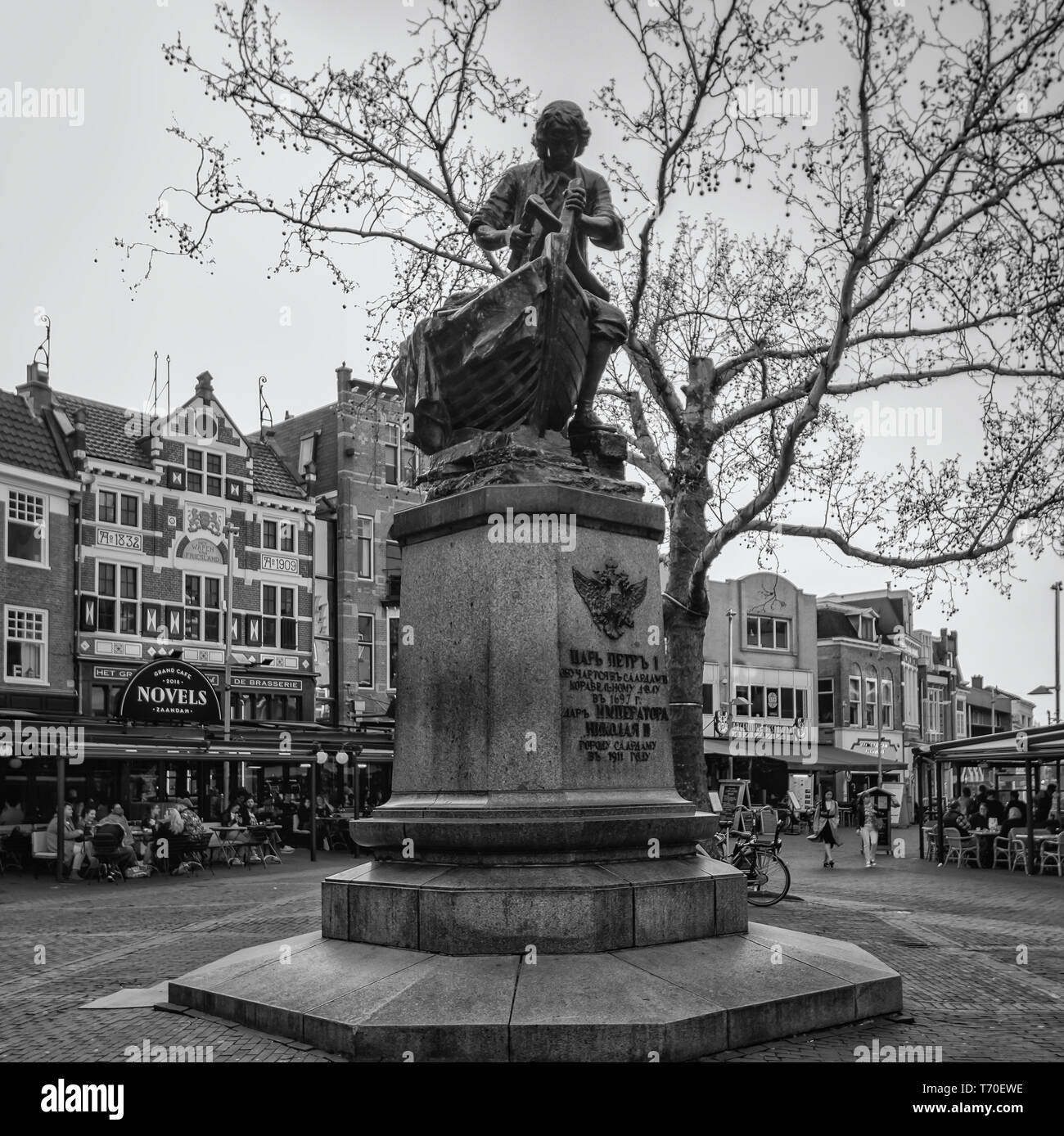 Zaandam, The Netherlands, April 18, 2019: Black and white photo of the Tsar Peter statue in the center of Zaandam Stock Photo