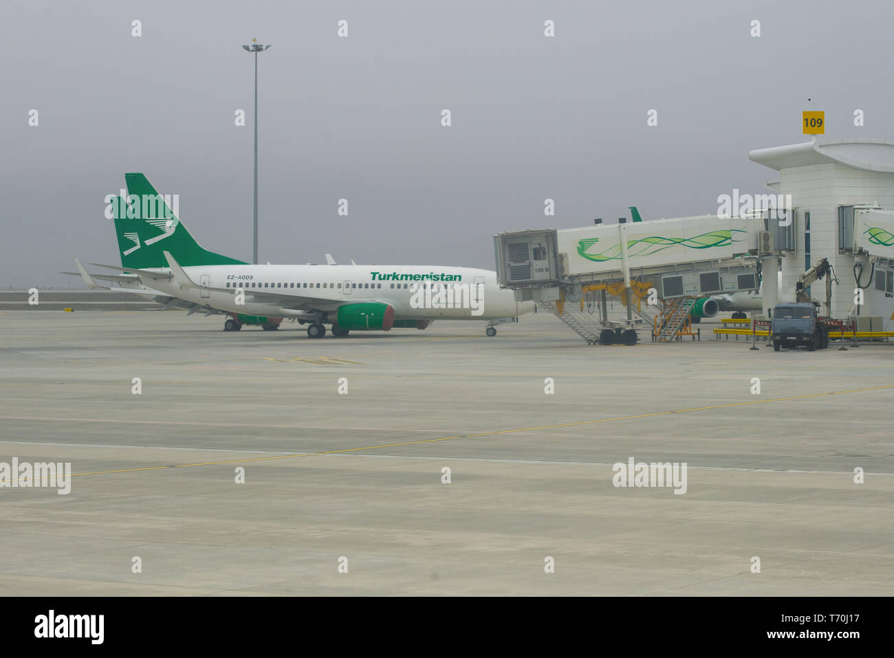 ASHGABAT, TURKMENISTAN - JANUARY 05, 2019: Foggy winter day of the Ashgabat international airport Stock Photo