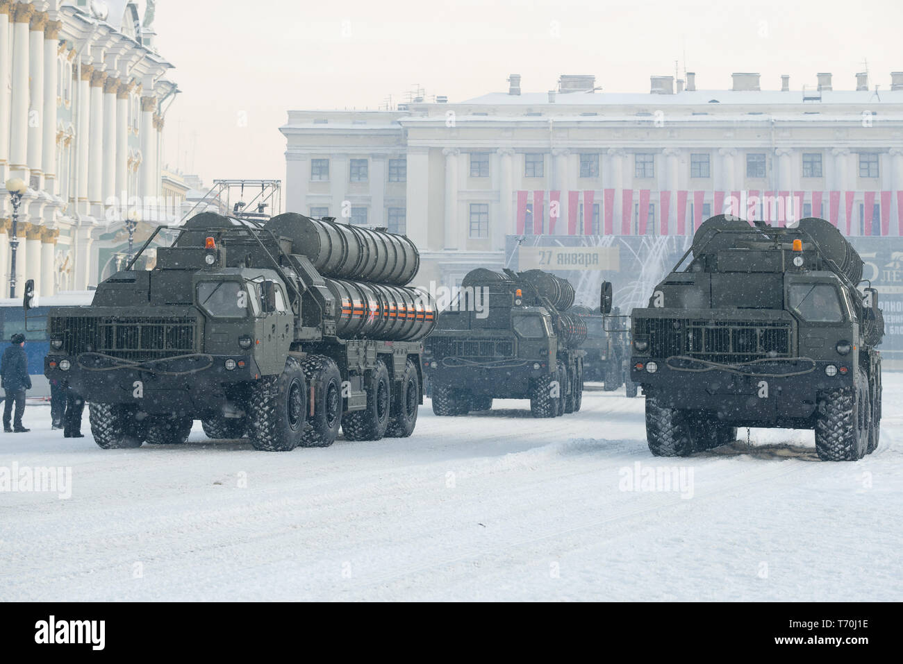 SAINT-PETERSBURG, RUSSIA - JANUARY 24, 2019: S-300 'Favorit' anti-aircraft missile systems on Palace Square. Fragment of the general rehearsal of the  Stock Photo