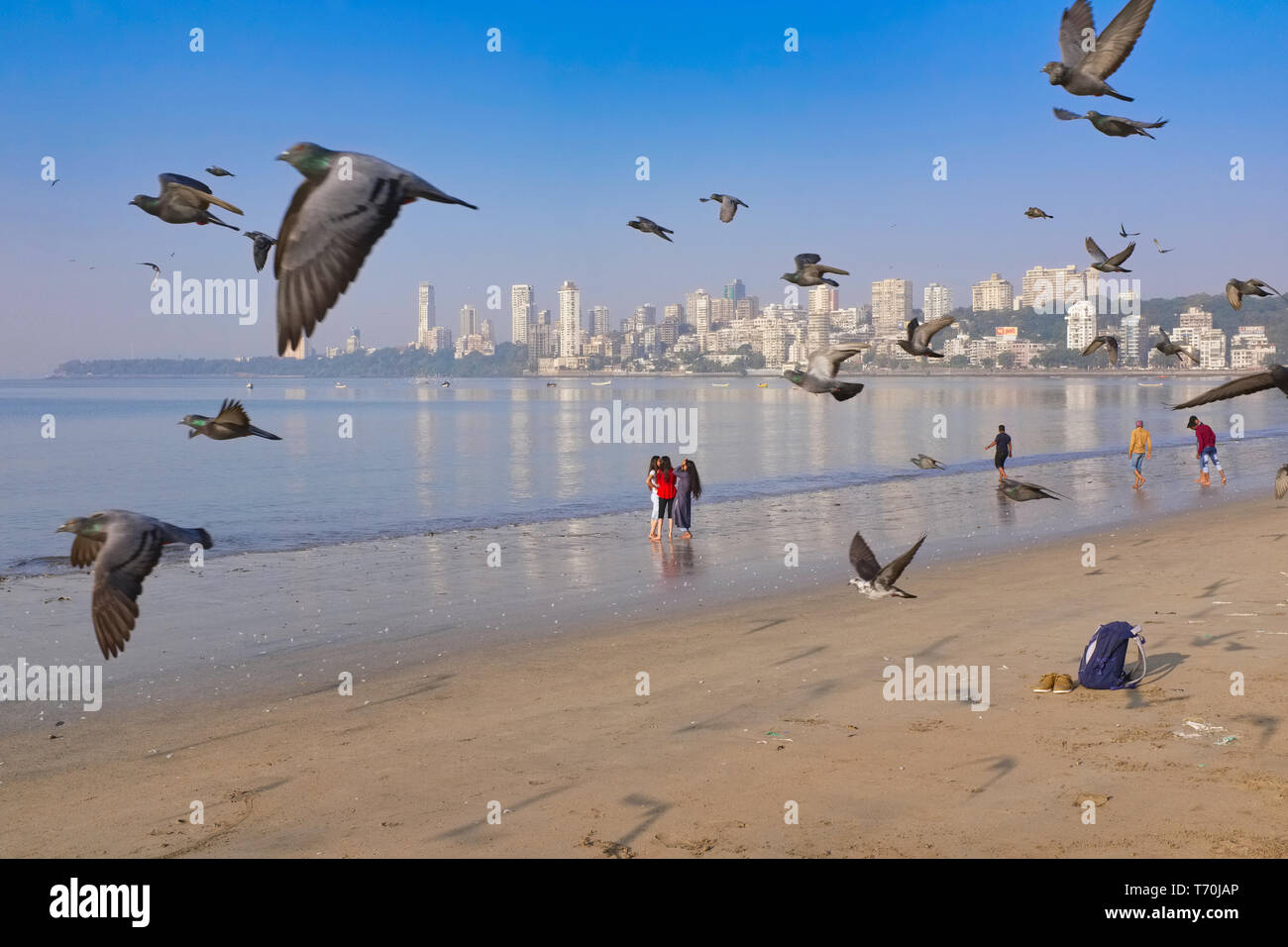 A flock of pigeons flies over Chowpatty Brach, off Marine Drivby the Arabian Sea in Mumbai, India, while some early morning visitors enjoy the scenery Stock Photo