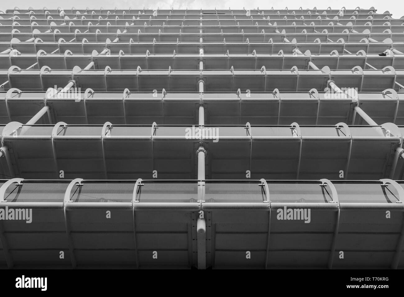 Looking up at the balconies on a high rise apartment block in ...