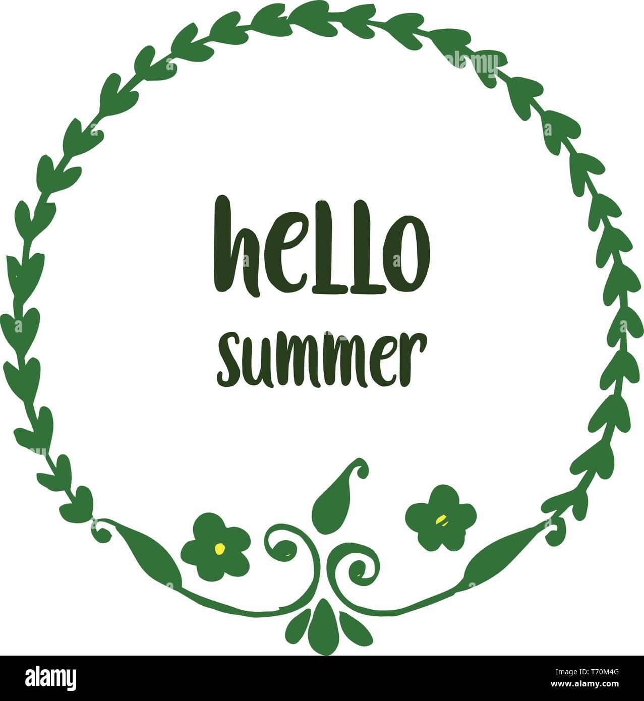 Vector illustration round leaf wreath frame with card hello summer hand ...
