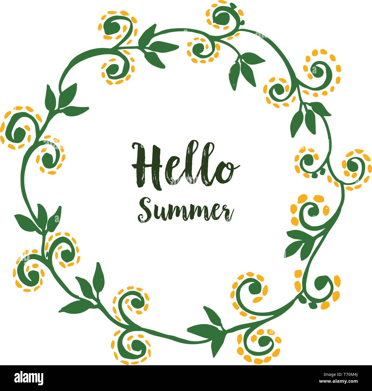 Vector illustration round leaf wreath frame with card hello summer hand ...