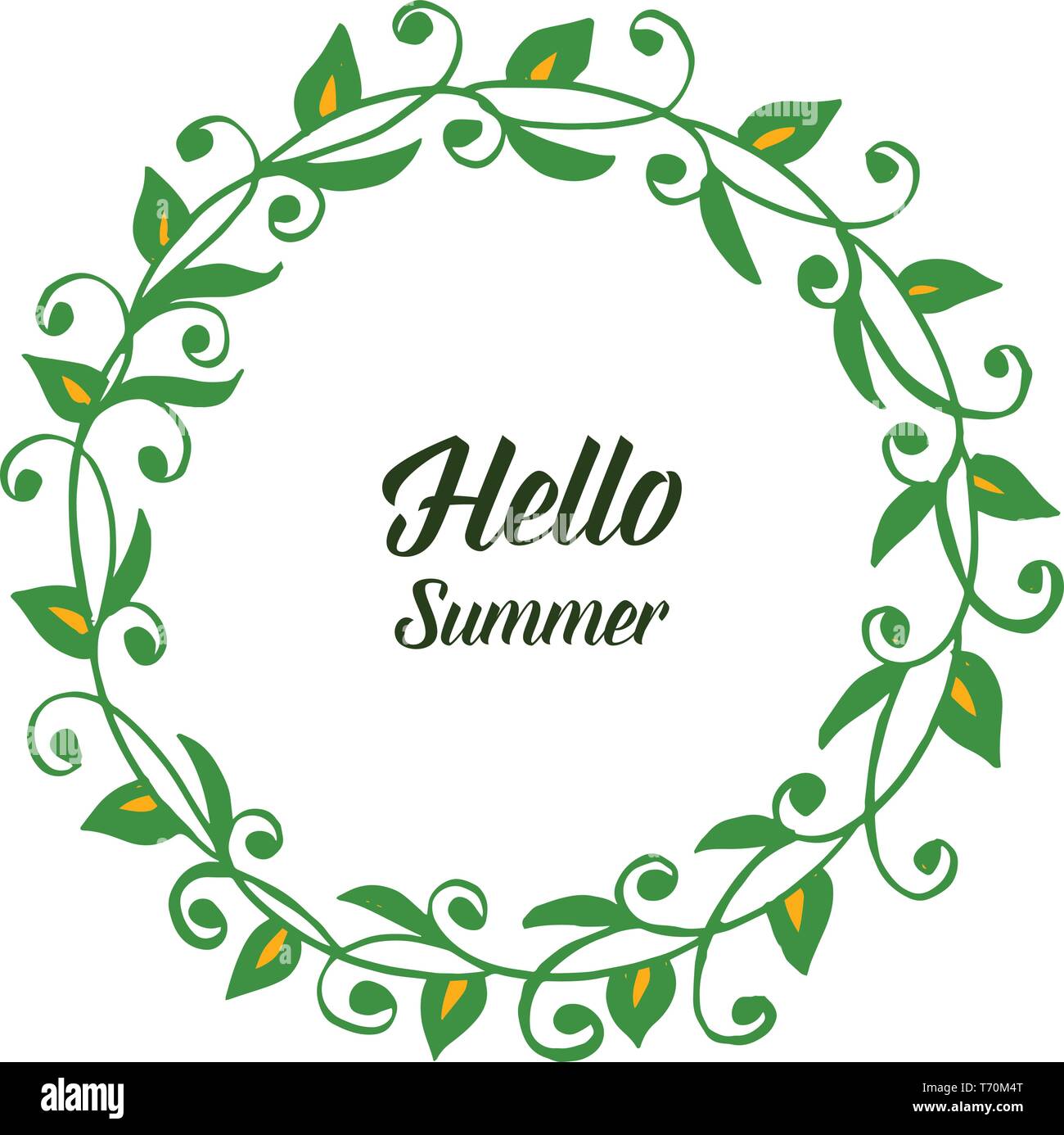 Vector illustration round leaf wreath frame with card hello summer hand ...