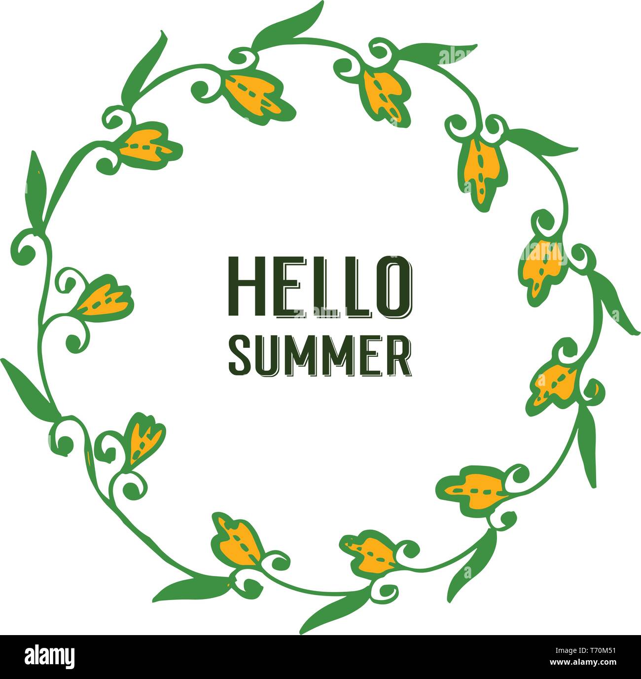 Vector illustration round leaf wreath frame with card hello summer hand ...