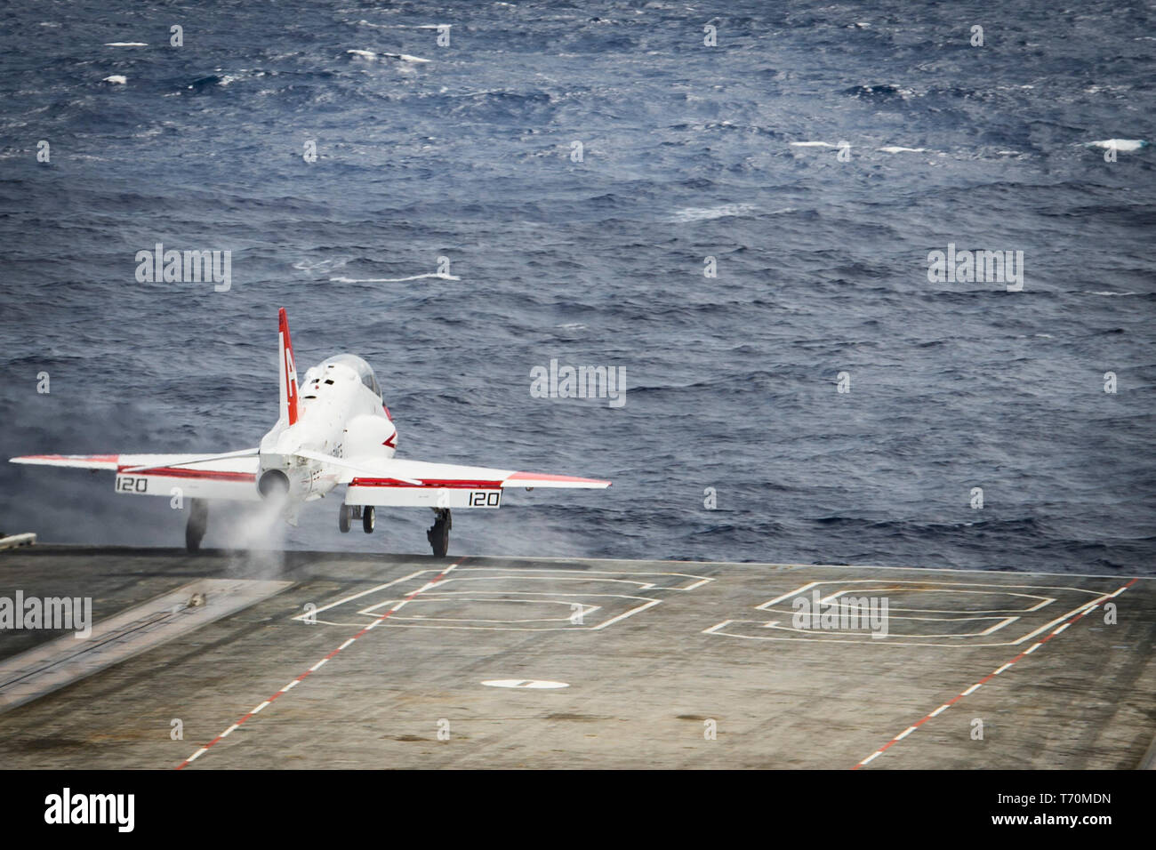 190502-N-KT825-0096  ATLANTIC OCEAN (May 2, 2019) A T-45C Goshawk training aircraft assigned to Training Air Wing (TW) 2 launches from the flight deck aboard the aircraft carrier USS Dwight D. Eisenhower (CVN 69). Ike is underway in the Atlantic Ocean conducting carrier qualifications while in the basic phase of the Optimized Fleet Response Plan. (U.S. Navy photo by Mass Communication Specialist Seaman Sawyer Haskins) Stock Photo