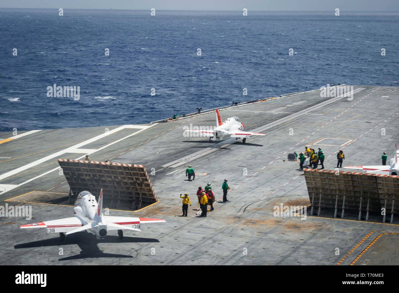 190502-N-KT825-0180  ATLANTIC OCEAN (May 2, 2019) A T-45C Goshawk training aircraft assigned to Training Air Wing (TW) 2 launches from the flight deck aboard the aircraft carrier USS Dwight D. Eisenhower (CVN 69). Ike is underway in the Atlantic Ocean conducting carrier qualifications while in the basic phase of the Optimized Fleet Response Plan. (U.S. Navy photo by Mass Communication Specialist Seaman Sawyer Haskins) Stock Photo