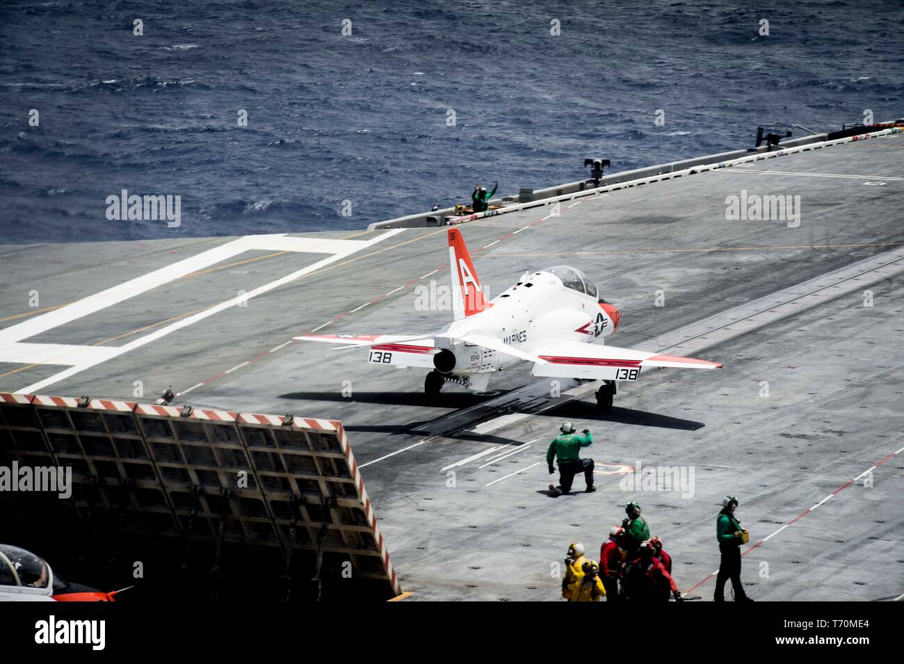 190502-N-KT825-0207  ATLANTIC OCEAN (May 2, 2019) A T-45C Goshawk training aircraft assigned to Training Air Wing (TW) 2 launches from the flight deck aboard the aircraft carrier USS Dwight D. Eisenhower (CVN 69). Ike is underway in the Atlantic Ocean conducting carrier qualifications while in the basic phase of the Optimized Fleet Response Plan. (U.S. Navy photo by Mass Communication Specialist Seaman Sawyer Haskins) Stock Photo