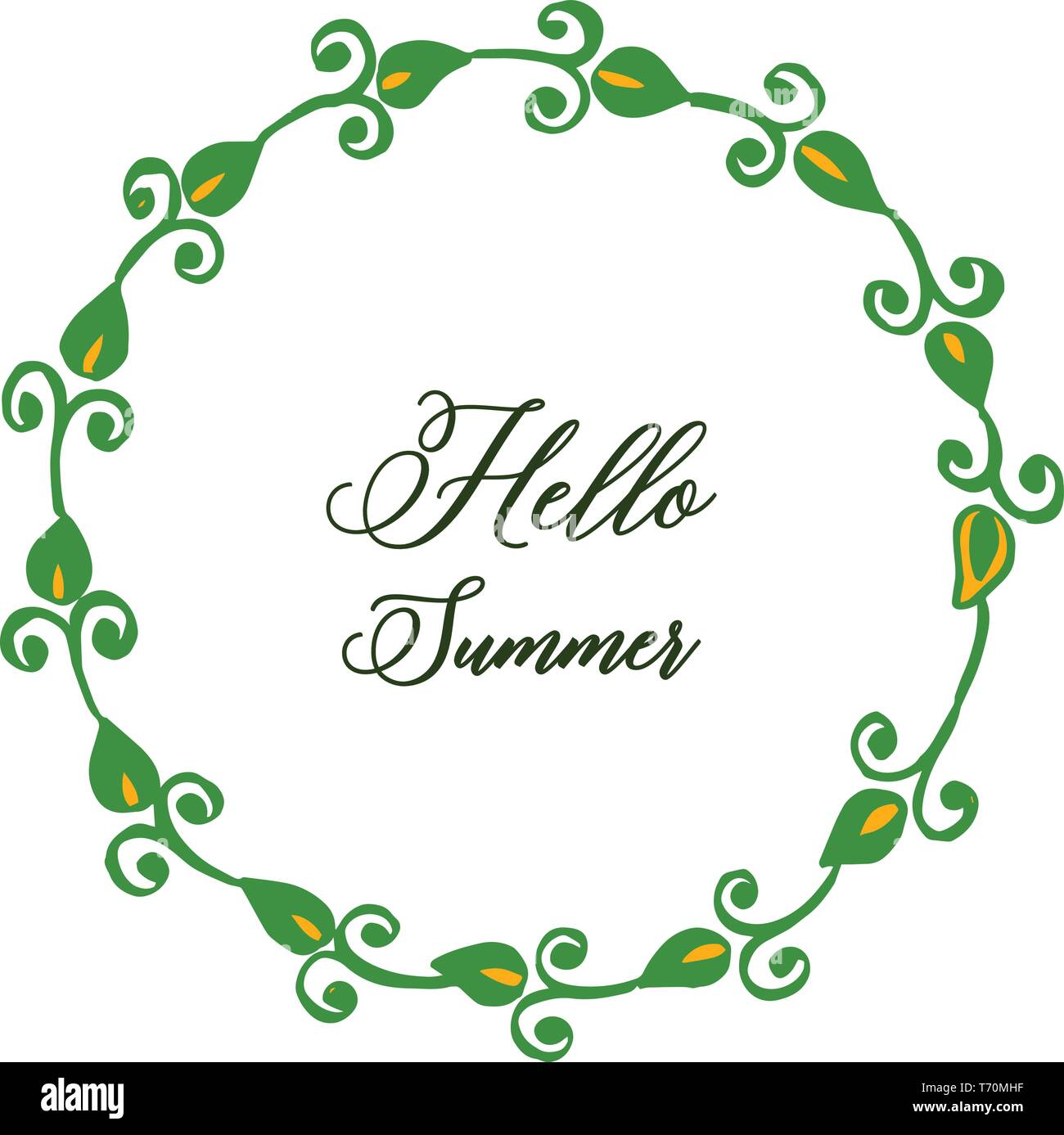 Vector illustration round leaf wreath frame with card hello summer hand ...