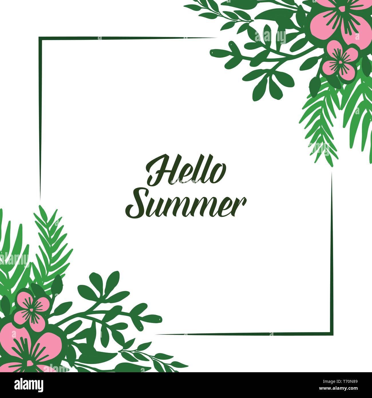 Vector illustration card hello summer with frame flower pink and leaves ...