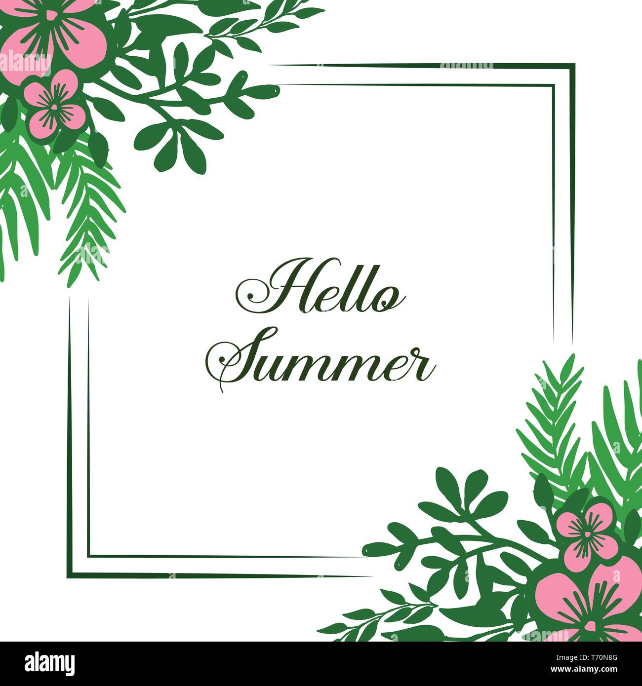 Vector illustration card hello summer with frame flower pink and leaves ...