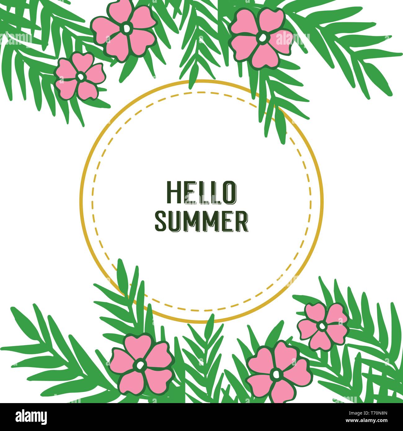 Vector illustration card hello summer with frame flower pink and leaves ...