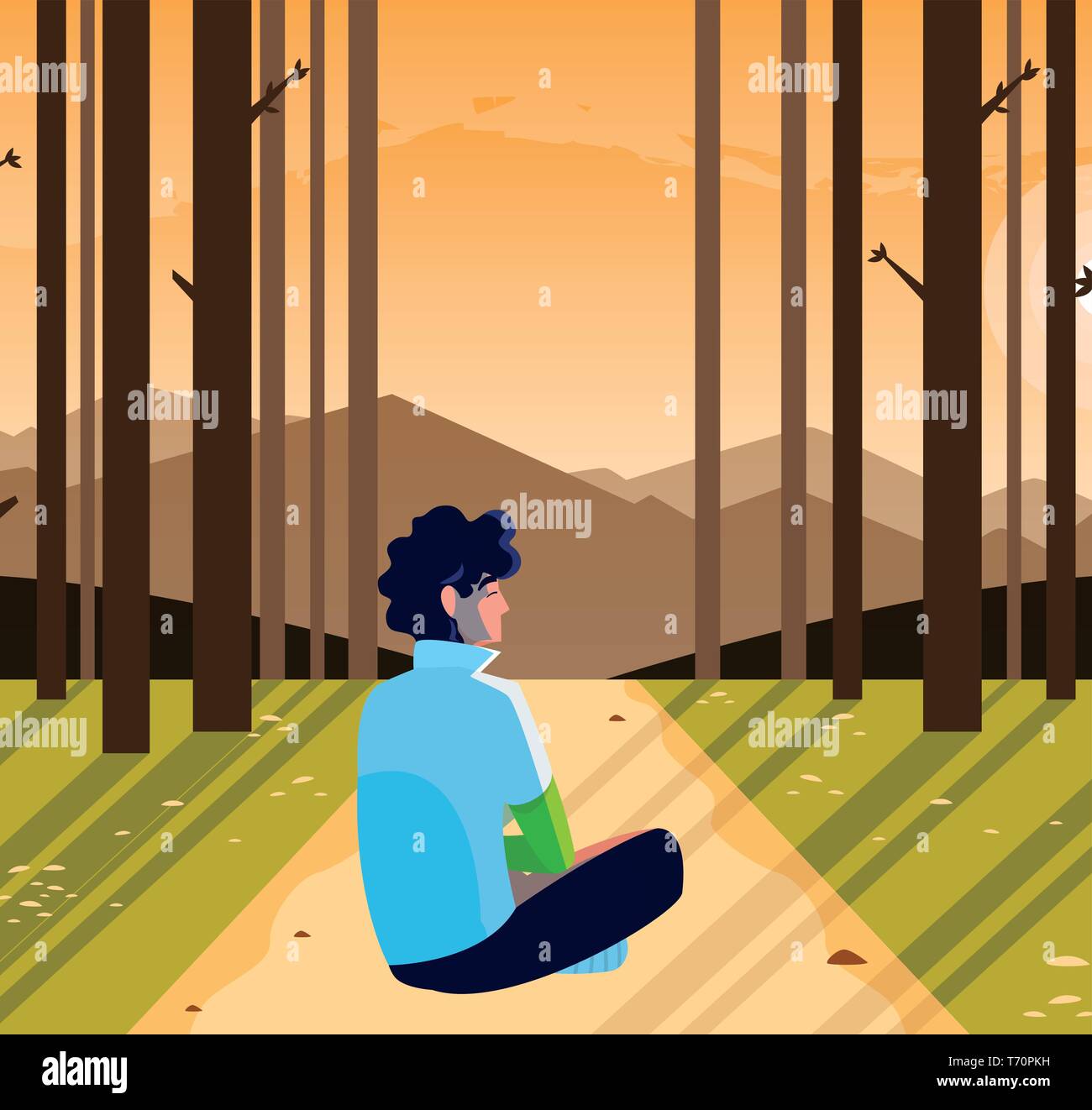 man contemplating horizon in the forest scene vector illustration ...