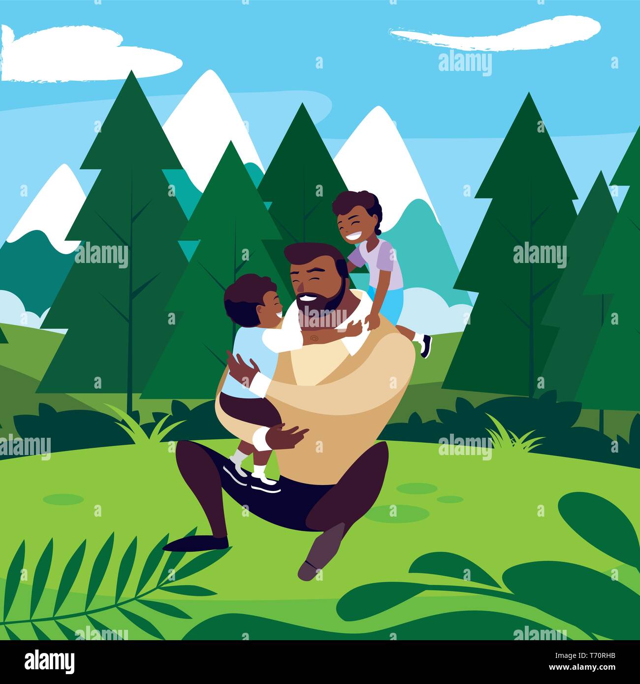 afro father with sons characters in the field vector illustration ...