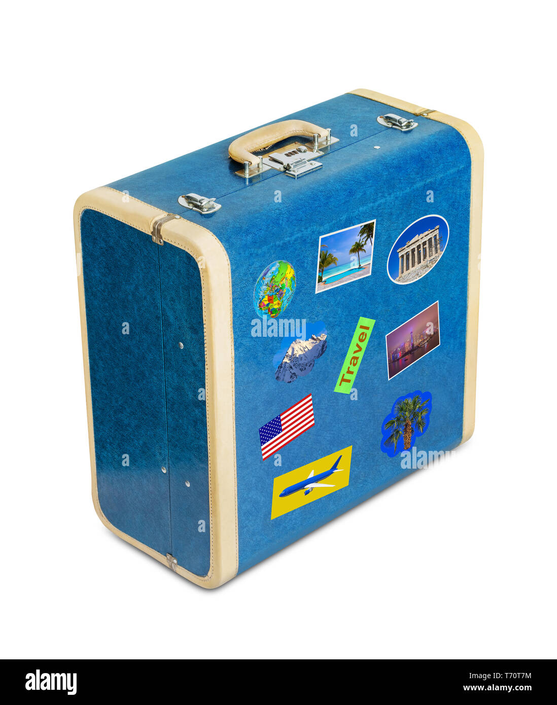 Vintage suitcase with travel stickers Stock Photo Alamy