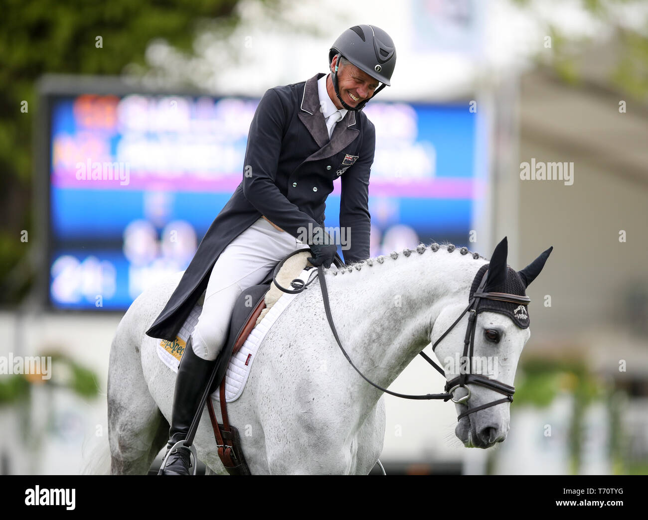 New Zealand's Andrew Nicholson on Swallow Springs competes in the dressage during day three of the 2019 Mitsubishi Motors Badminton Horse Trials at The Badminton Estate, Gloucestershire. Stock Photo