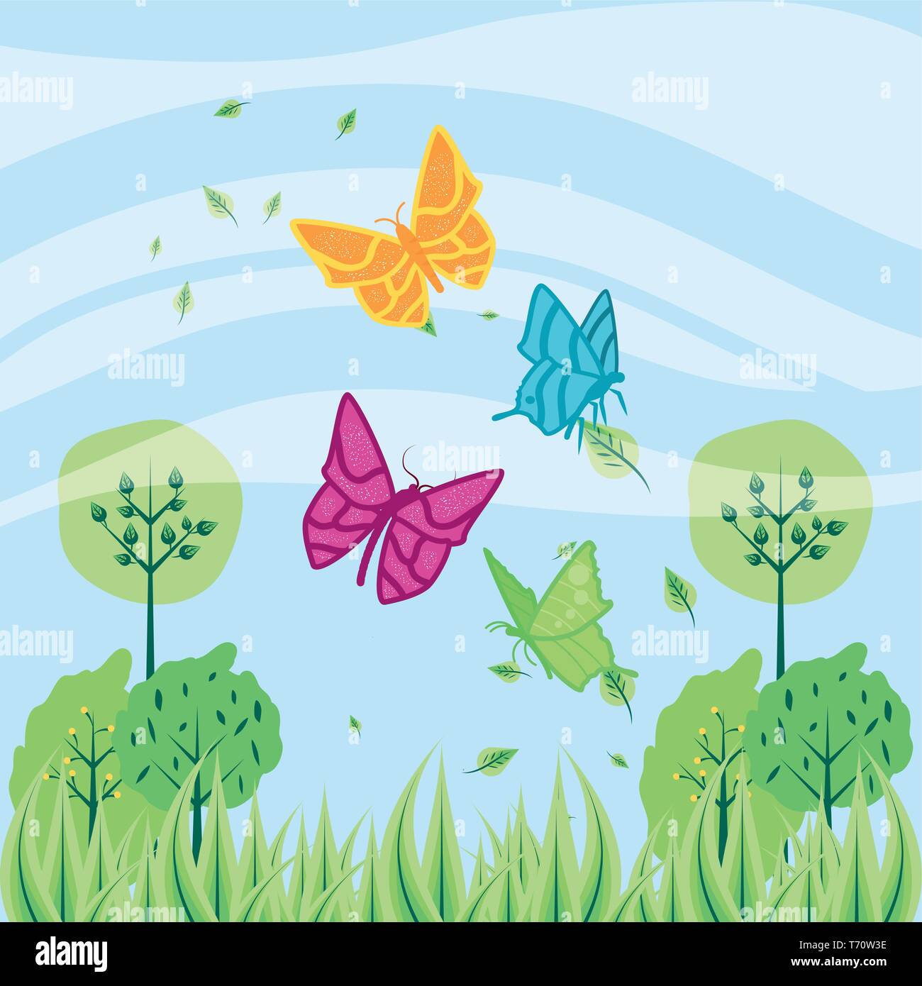 flying butterflies with trees plants and landscape vector illustration ...