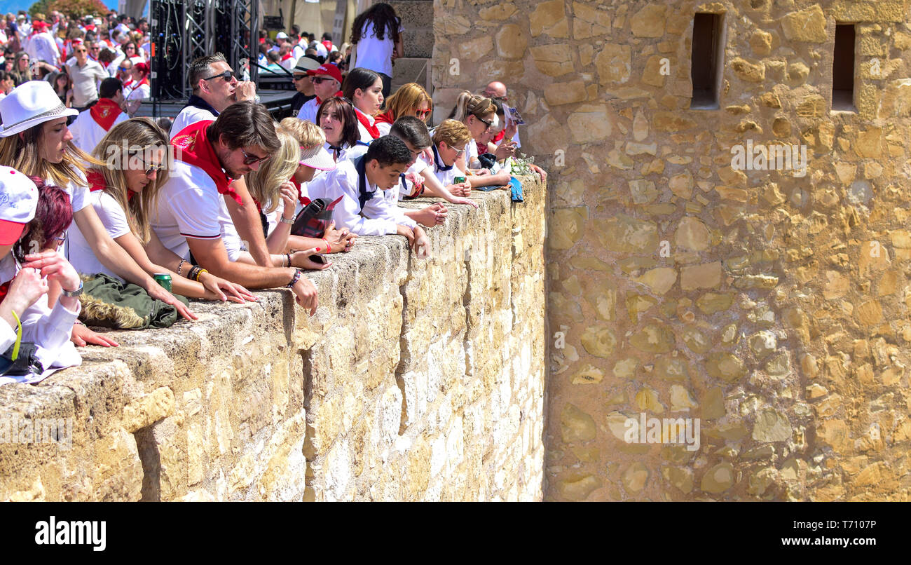 Caravaca de la Cruz, Spain, May 2, 2019: People watching Caballos Del Vino race from the castle in Caravaca de la Cruz, Murcia, Spain Stock Photo