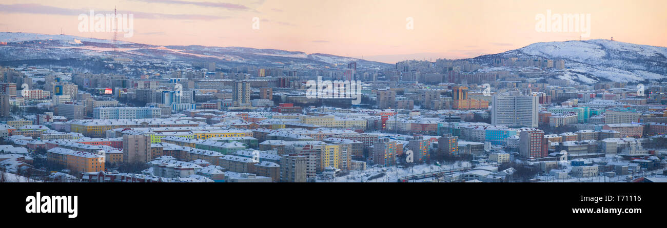 MURMANSK, RUSSIA - FEBRUARY 21, 2019: Evening panorama of the winter modern city Stock Photo