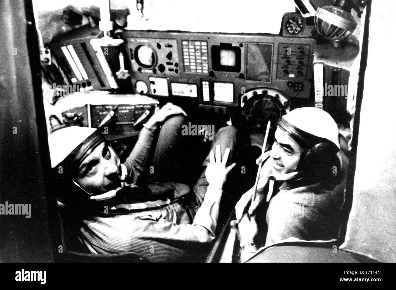 Photograph of Thomas P. Stafford and Andriyan G. Nikolayev in the Soyuz simulator, the Apollo-Soyuz Test Project (ASTP), Moscow, Russia, October 17, 1972. Image courtesy National Aeronautics and Space Administration (NASA). () Stock Photo
