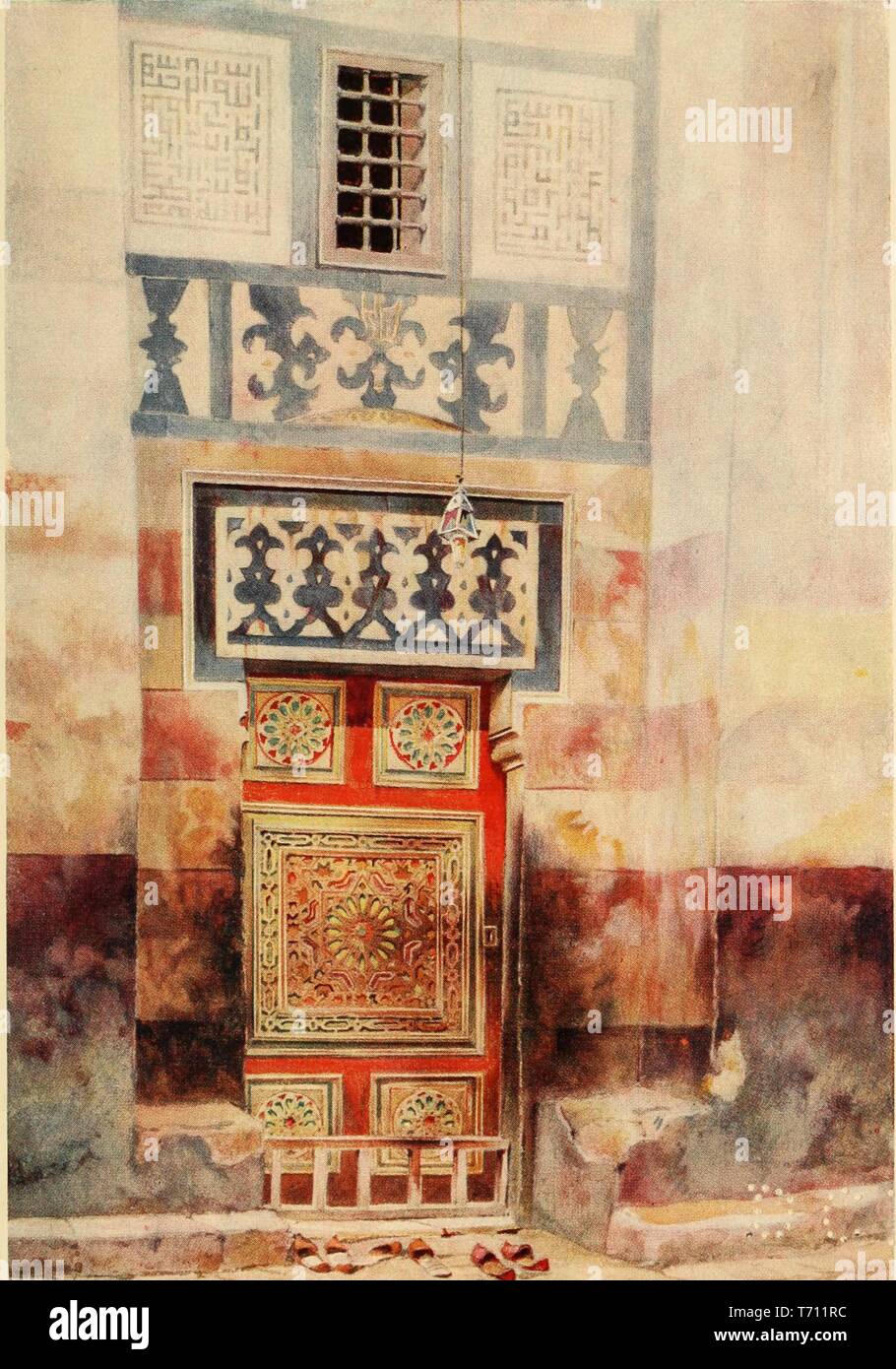 Watercolor painting 'Door of the Mosque, Cairo' by Walter Spencer Stanhope Tyrwhitt, from the book 'Cairo, Jerusalem, and Damascus' by David Samuel, 1912. Courtesy Internet Archive. () Stock Photo