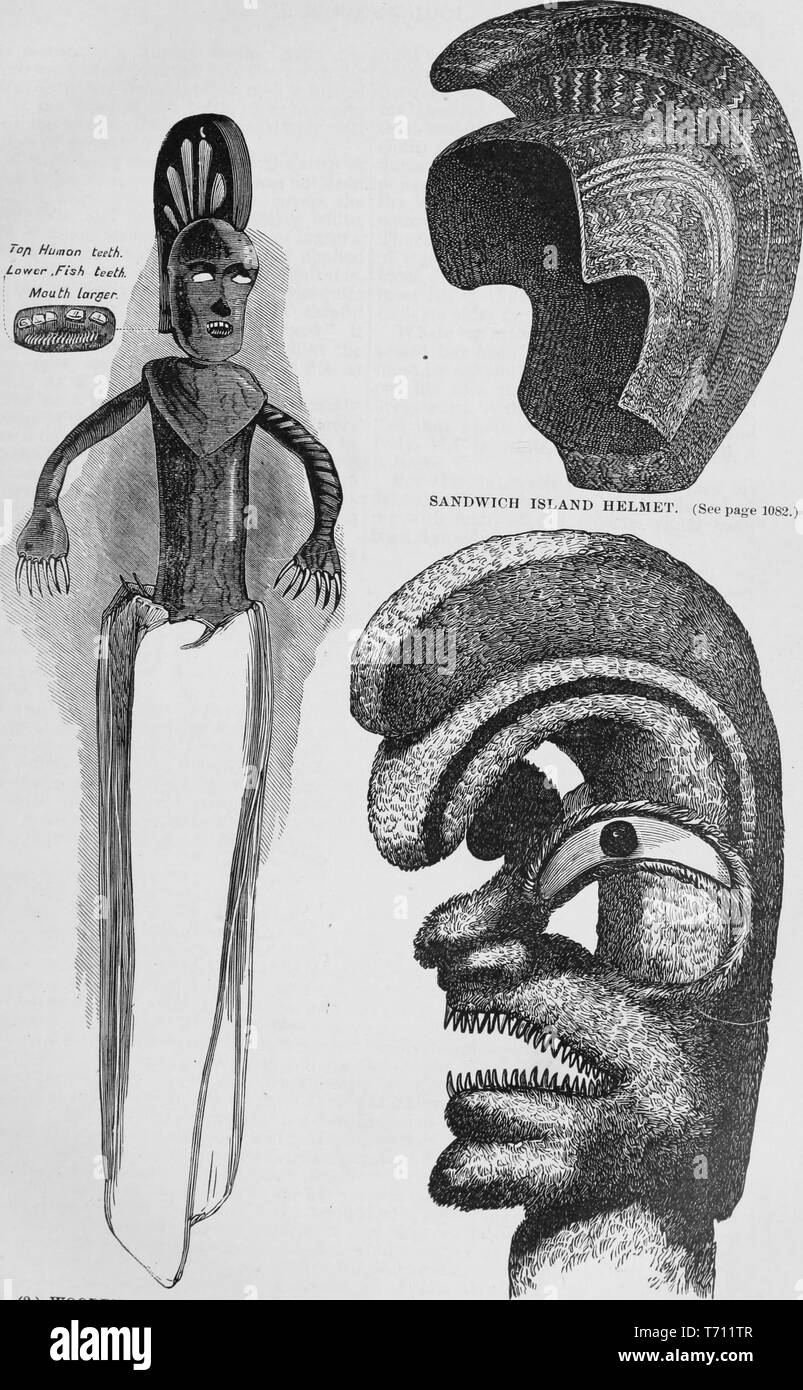 Black and white vintage print, depicting a Hawaiian helmet and two effigies of Gods: including a feathered mahiole, captioned 'Sandwich Islands Helmet' (top right); a wooden effigy, with a crest and both human and fish teeth, and long curved fingernails (middle left); and a feather-covered head with a crest, mother of pearl or paua eyes, and canine teeth (lower right) published in John George Wood's volume 'The uncivilized races of men in all countries of the world, being a comprehensive account of their manners and customs, and of their physical, social, mental, moral and religious characteri Stock Photo