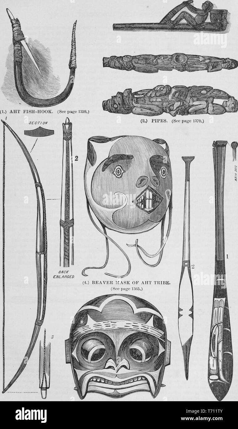 Black and white vintage print, depicting various objects made by the  Nuu-chah-nulth, an indigenous peoples from Vancouver, Canada: including a  carved wooden fish hook (top left); a bow (lower left); carved stone