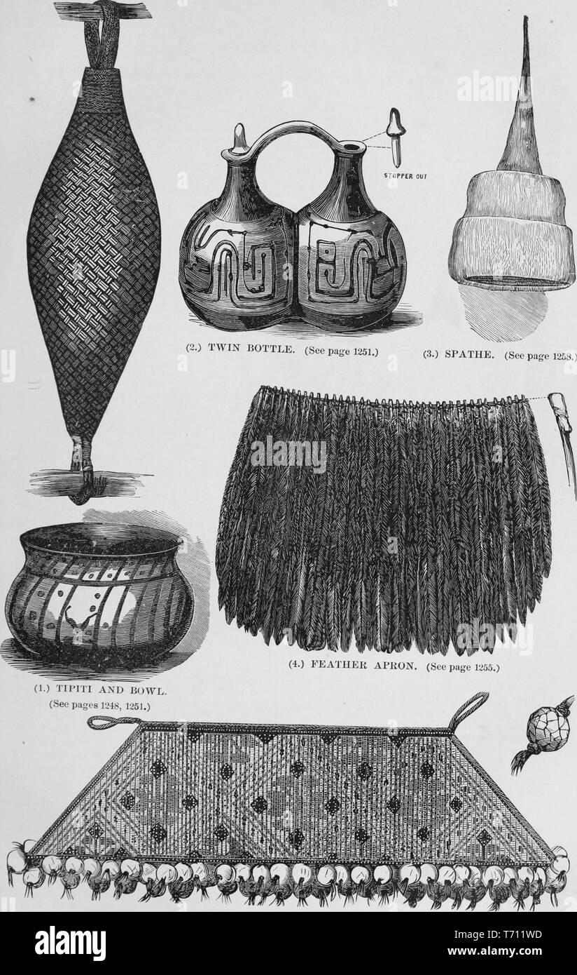 Black and white vintage print, depicting a variety of Guyanese domestic objects: including a woven cassava press or 'Tipiti and Bowl' (left); a clay 'Twin Bottle' to carry water, with earthenware stoppers (top middle); a Warao hat crafted from a palm 'Spathe' (top right); a 'Feather Apron' (middle right); and a beaded apron (bottom) published in John George Wood's volume 'The uncivilized races of men in all countries of the world, being a comprehensive account of their manners and customs, and of their physical, social, mental, moral and religious characteristics', 1877. Courtesy Internet Arch Stock Photo