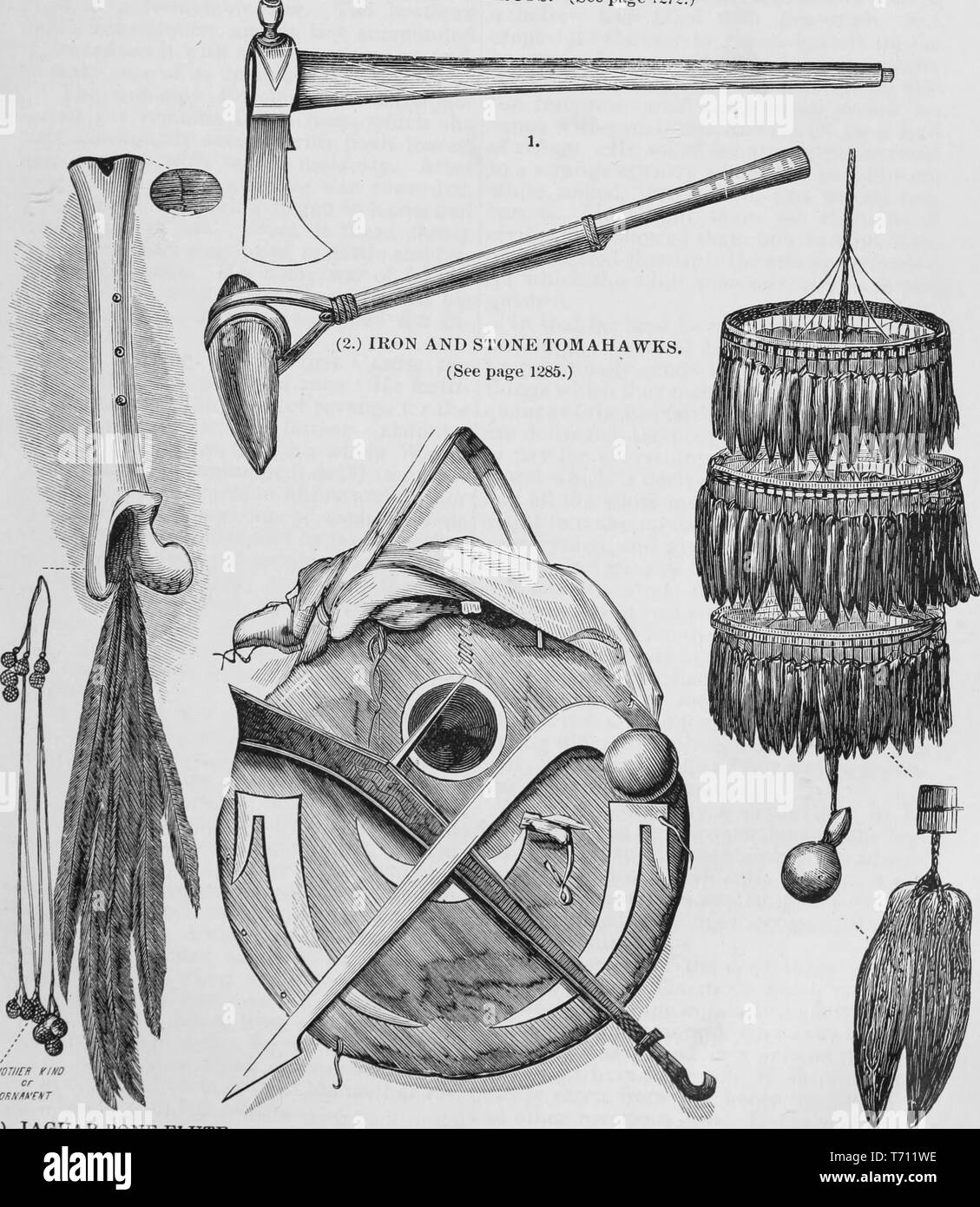 Black and white vintage print, depicting tools and weapons from the Americas: including a Guayanese flute crafted from a Jaguar bone (left); a pair of North American, First Nations made 'Iron and Stone Tomahawks, ' the uppermost being a combined pipe-tomahawk (top middle); a North American made bison-hide shield with two clubs crossed over it (lower middle); and a Guyanese rattle made from a gourd and three tiers of beetle wings (right) published in John George Wood's volume 'The uncivilized races of men in all countries of the world, being a comprehensive account of their manners and customs, Stock Photo