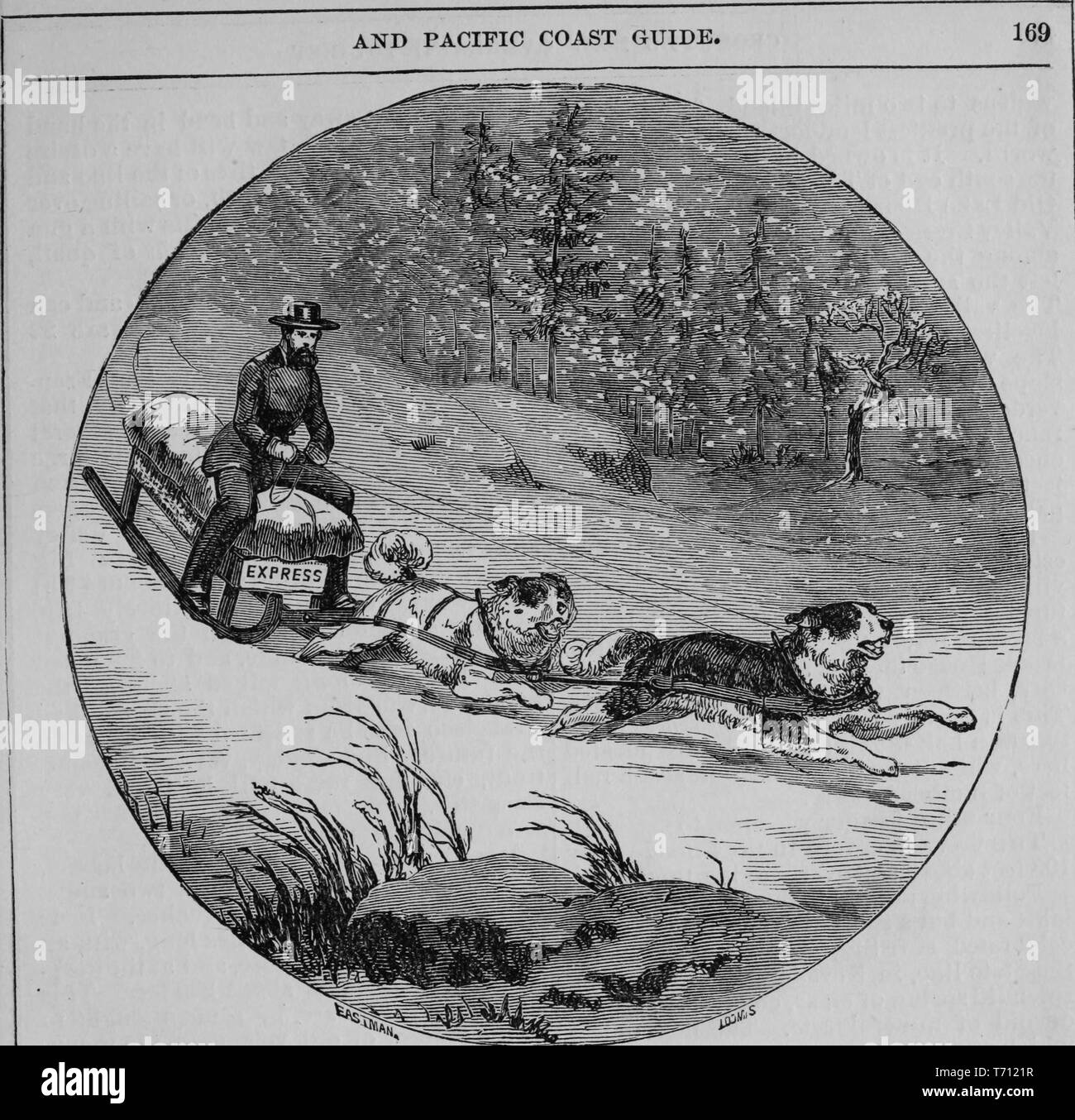 Engraving of the Wells Fargo Express dog sled, from the book 'Crofutt's new overland tourist and Pacific coast guide', 1879. Courtesy Internet Archive. () Stock Photo