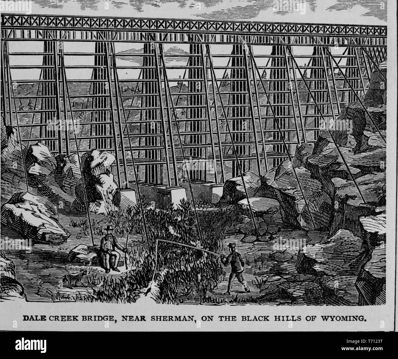 Engraving of two men fishing under the Dale Creek Bridge, from the book 'Crofutt's new overland tourist and Pacific coast guide', Sherman, Wyoming, 1879. Courtesy Internet Archive. () Stock Photo